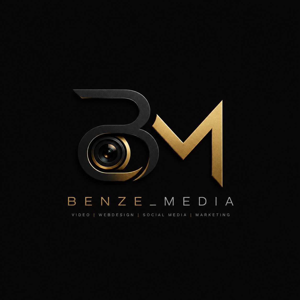 Benze_Media Logo schwarz gold mit BM-Monogramm und Kameralinse